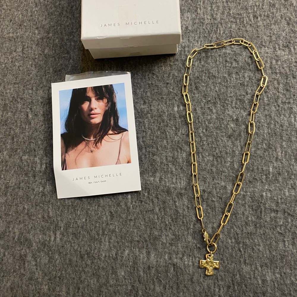 James Michelle Gold Paperclip Chain Cross Pendant Necklace Waterproof 20in New